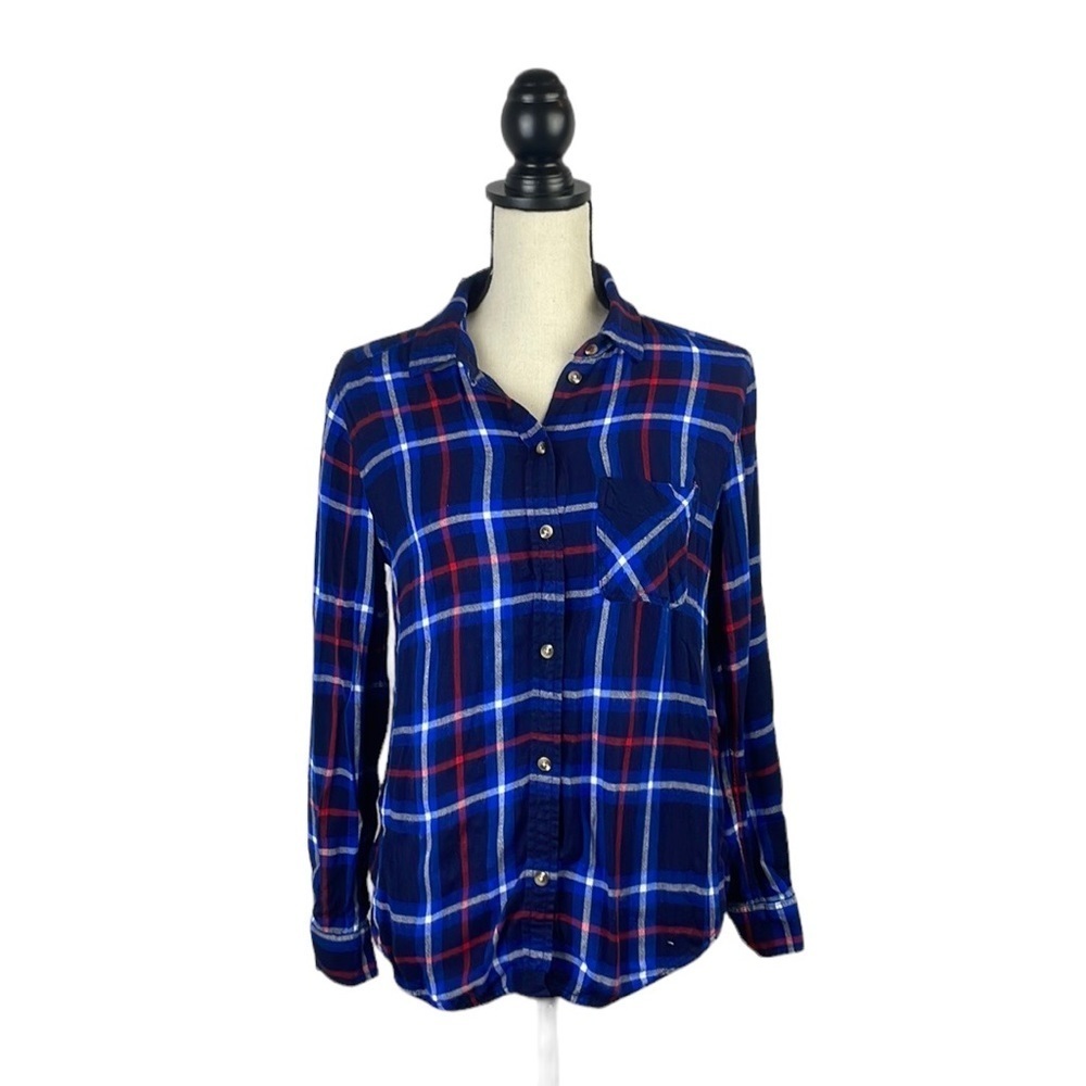 American Eagle Women Flannel Shirt SZ S Boyfriend Fit Very Soft Blue/Red/White